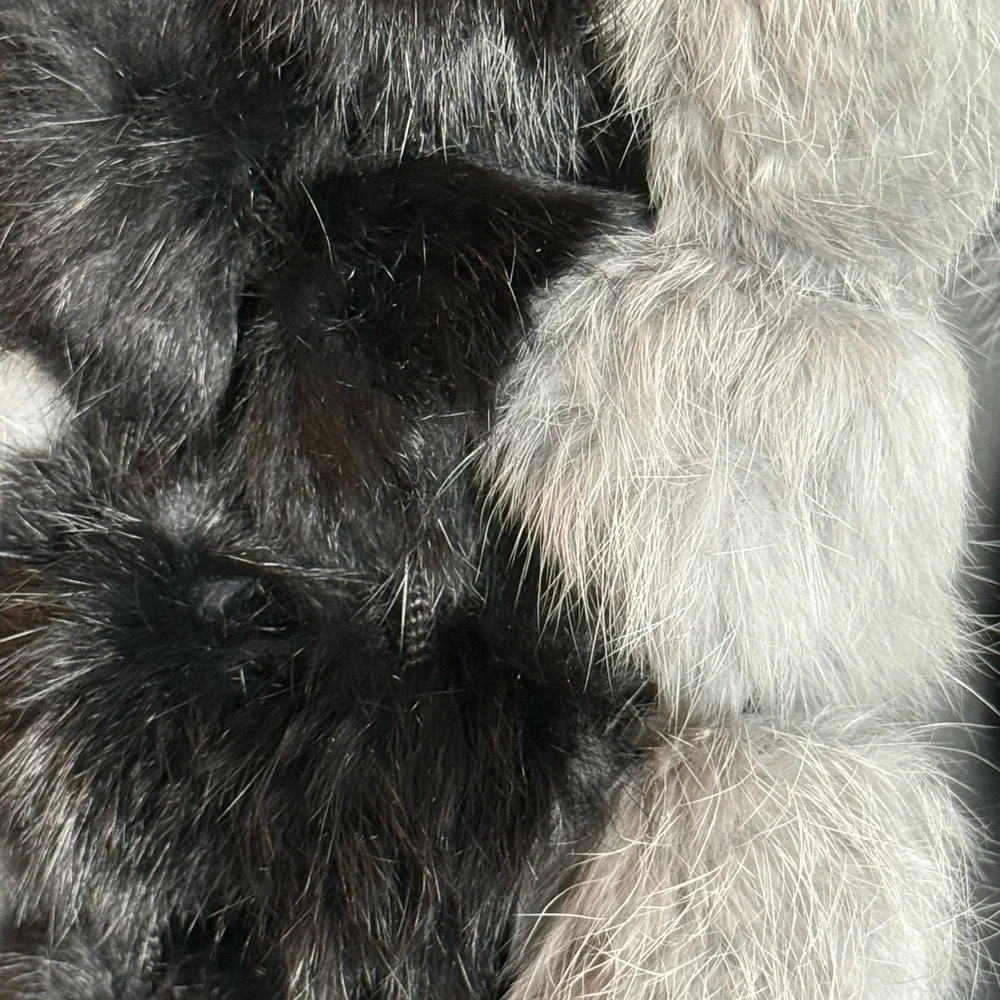Vintage Rabbit Fur Pom Pom Scarf Black & Grey 5x54 EUC Velvety Soft